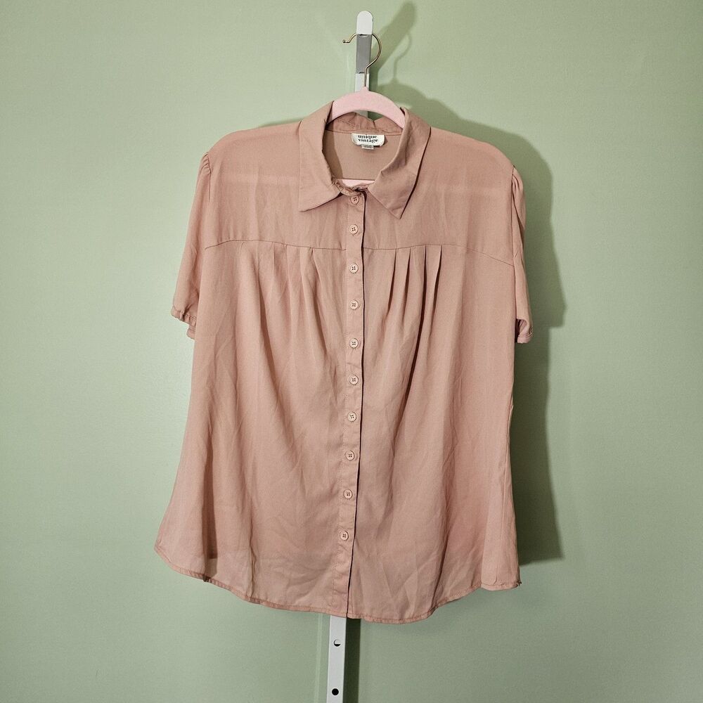 Unique Vintage Pleated Collared Button Down Blouse Blush Pink‎ 1X 16